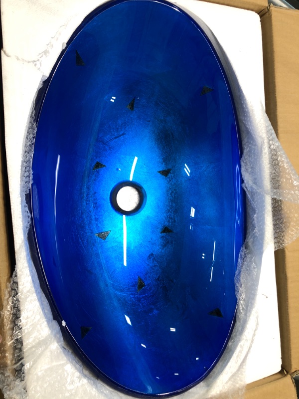 Photo 1 of Bathroom Vanity Blue&Black Oval Tempered Glass Basin Bowl Vessel Sinks Waterfall Faucet Set Deck Mounted,Chrome Mixer Tap