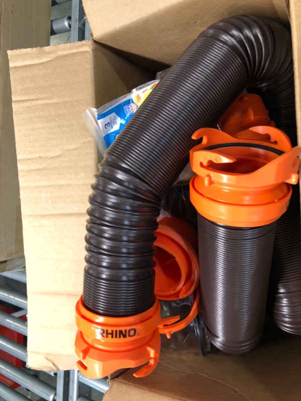 Photo 2 of Camco 20' (39742) RhinoFLEX 20-Foot RV Sewer Hose Kit, Swivel Transparent Elbow with 4-in-1 Dump Station Fitting-Storage Caps Included , Black , Brown 20ft Sewer Hose Kit Frustration-Free Packaging