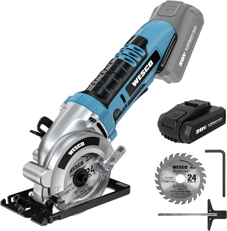 Photo 1 of Circular Saw, WESCO 20V 3-3/8'' Cordless Mini Circular Saw with 2.0Ah Battery and Fast Charger, MAX Cutting Depth 1-1/8", Parallel Guide and Hex Key, 1 24T TCT blade for Wood, Soft Metal Cuts