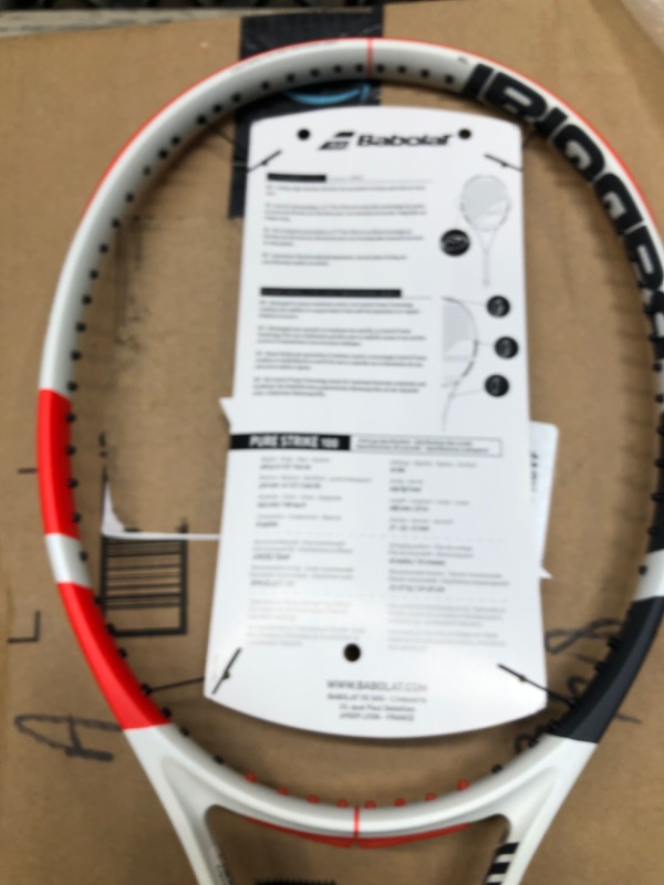 Photo 2 of Babolat Pure Strike 100 Tennis Racquet (3rd Gen) - Strung with 16g White Babolat Syn Gut at Mid-Range Tension 4 1/8" Grip