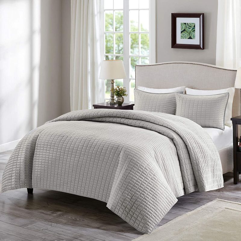 Photo 1 of Comfort Spaces Kienna Quilt Set - Luxury Double Sided Stitching Design, All Season, Lightweight, Coverlet Bedspread Bedding, Matching Shams, Gray Full/Queen(90"x90") 3 Piece
