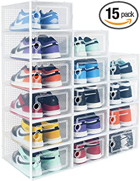 Photo 3 of Hrrsaki 15 Pack Foldable Shoe Storage Boxes, Shoe Boxes Clear Plastic Stackable, Shoe Organizer Boxes with Front Opening Lids, Ventilation and Dust-proof, Shoe Container Boxes for Closet, Bedroom, Bathroom