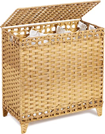 Photo 4 of Laundry Hamper with 3 Removable Liner Bags; 132L Handwoven Rattan Laundry Basket with Lid & Heightened Feet; Clothes Hamper with Side Handles; Laundry Sorter with 3 Separate Sections