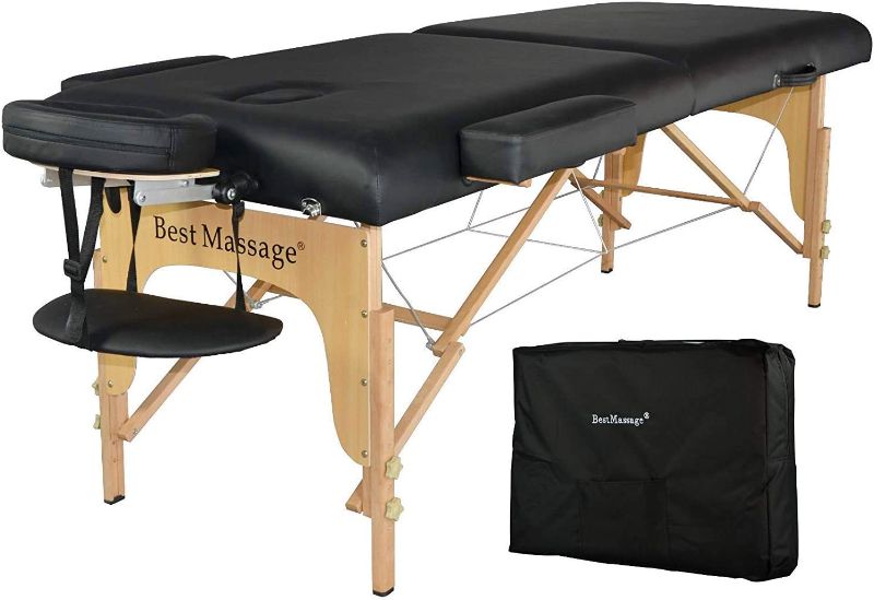 Photo 1 of BestMassage Spa 88”L 35”W Height Adjustable 2 Fold Portable 2.5 Inch Sponge Pad Massage Table Facial Cradle Salon Tattoo Bed with Carry Case, Black