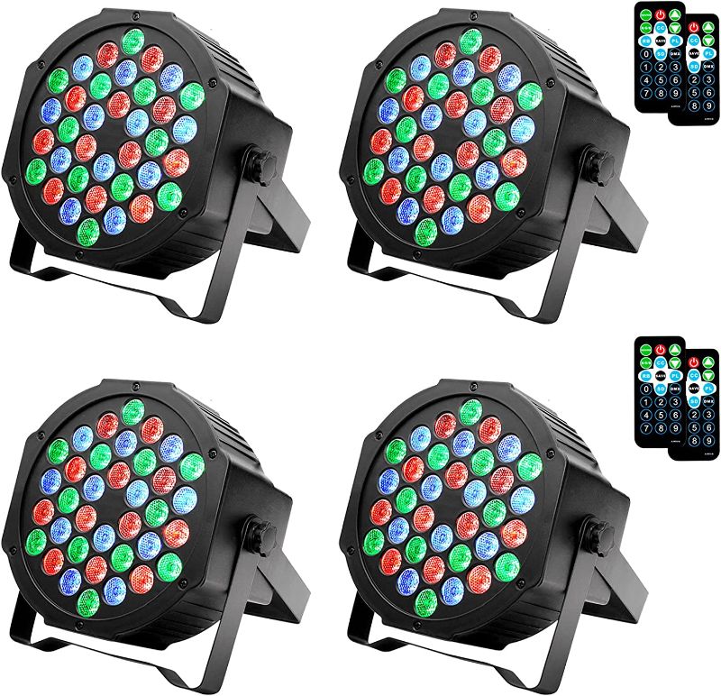 Photo 1 of LUNSY Dj Lights, 36 LED Par Lights Stage Lights with Sound Activated Remote Control & DMX Control, Stage Lighting Uplights for Wedding Club Music Show Christmas Holiday Party Lighting - 4 Pack
