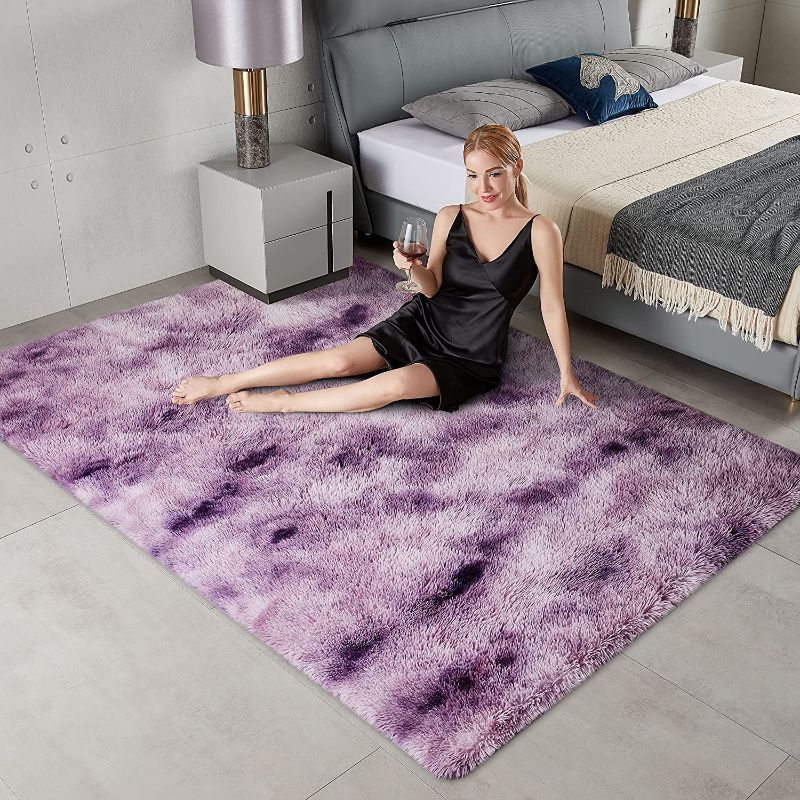 Photo 1 of GKLUCKIN Ultra Soft Rugs, 5'x8' Fluffy Area Rugs for Living Room Bedroom Non-Slip Tie-Dyed Purple Rugs Shag Cute Kids Room Nursery Rugs