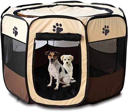 Photo 1 of Pop Up Tent Pet Playpen Carrier Dog Cat Puppies Portable Foldable Durable Paw Kennel Brown 