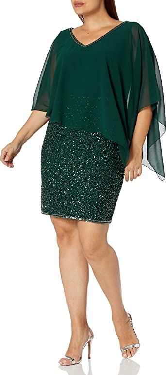 Photo 1 of J Kara Women's Plus Size Caplet Short Cocktail Beaded Dress-COLOR HUNTER GREEN SIZE 18PLUS