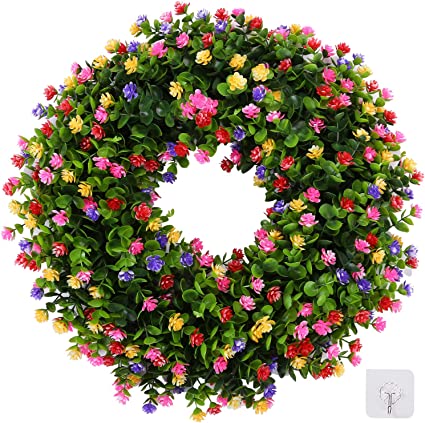 Photo 1 of Flower Wreath for Front Door, Artificial Front Door Decor Wreath for Spring Summer Indside Outside Wall Window Festival Farmhouse Home Office Porch Patio Garden Decoration