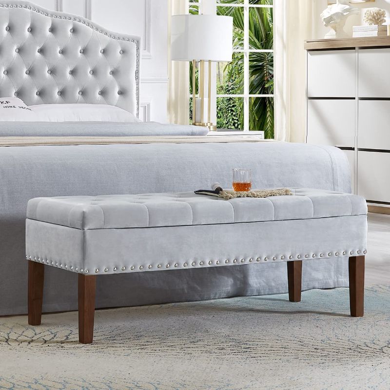 Photo 1 of 24KF Velvet Modern Upholstered Tufted Button Storage Bench with Studded Nails for Living Room 5076 - COLOR GREY Storage Bench Black Bench