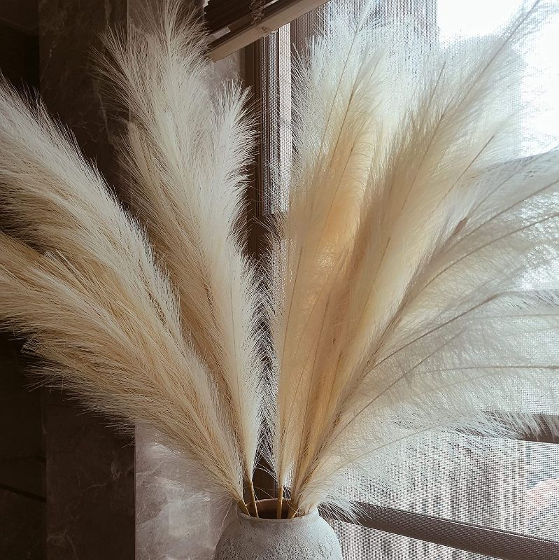 Photo 1 of Faux Beige Pampas Grass Decor Tall, 8pcs 43.3" Large Pompas Floral, Fluffy Artificial Fake Feather Flowers for Boho Wedding Decor,18 Branches Each Stem, Large Long