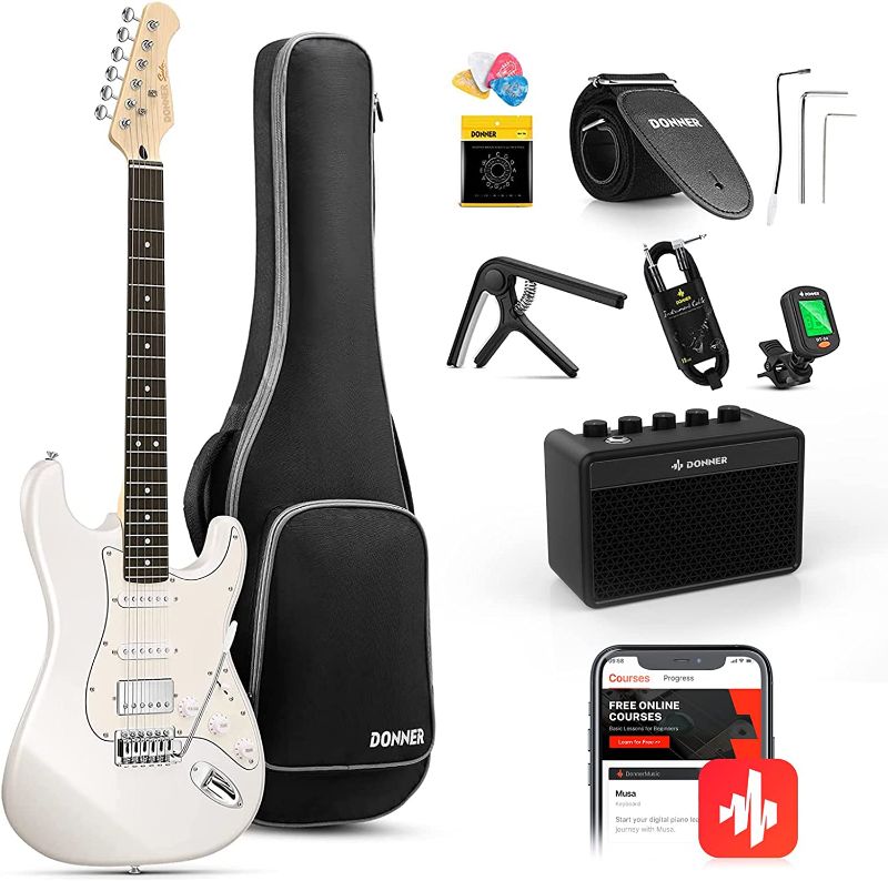 Photo 1 of Donner Electric Guitar, DST-152 39" Electric Guitar Starter Kit HSS Pickup Coil Split, with Amp, Bag, Accessories, Polar White