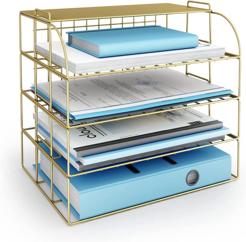 Photo 1 of GOLD PAPER ORGANIZER FOR DESK PAPER CLIPS ANDPUSH PINS Paper Tray, 4 Tier Office Desk Organizers and Accessories - Paper Organizer for Desk - Stackable Paper Tray Organizer, File Organizer for Desk w/Display Shelf for Office Gadgets, Wire Collection Gold