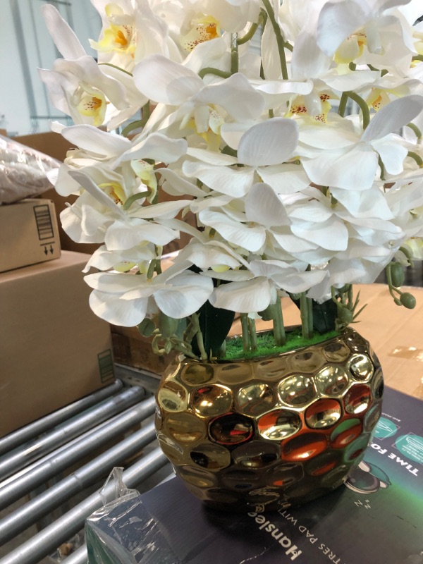 Photo 5 of Artificial Orchid in Gold Vase White Orchid Silk Orchids Faux Orchid Plant in Gold Pot Fake Flower Arrangement White Flowers Artificial for Decoration Home Decor Kitchen Decoration Table Centerpieces Artificial Orchids in Golden Pot