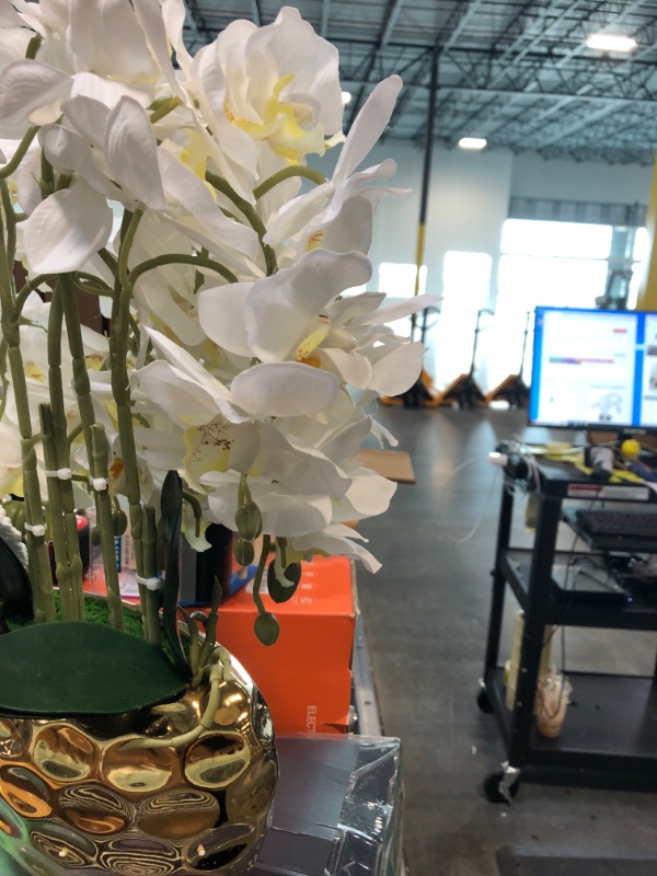 Photo 3 of Artificial Orchid in Gold Vase White Orchid Silk Orchids Faux Orchid Plant in Gold Pot Fake Flower Arrangement White Flowers Artificial for Decoration Home Decor Kitchen Decoration Table Centerpieces Artificial Orchids in Golden Pot