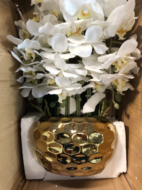 Photo 4 of Artificial Orchid in Gold Vase White Orchid Silk Orchids Faux Orchid Plant in Gold Pot Fake Flower Arrangement White Flowers Artificial for Decoration Home Decor Kitchen Decoration Table Centerpieces Artificial Orchids in Golden Pot