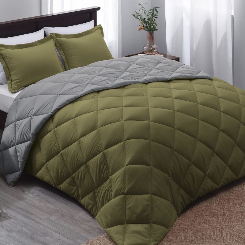 Photo 1 of Basic Beyond Down Alternative Comforter Set (King,Olive Green/Grey) - Reversible Bed Comforter for All Seasons--
 3 PIECE SET