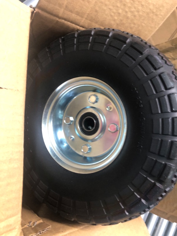 Photo 4 of LotFancy 4.10/3.50-4” Tire and Wheel Flat Free, 2 Pack 10” Solid Tires, 5/8" Axle Bore Hole, 2 1/4” Offset Hub for Dolly Hand Truck Utility Carts 4.10/3.50-4" flat free tire and wheel