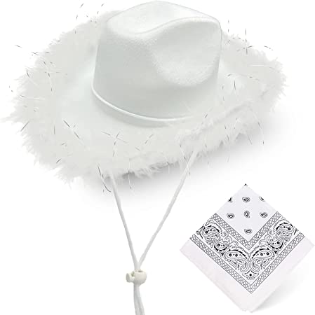 Photo 1 of LMJFOR White Cowboy Hat with Feather, Bride Cowgirl Hat with Bandana Cowgirl Hats for Women Men Halloween Bachelorette Birthday Costume Party (WHITE COWBOY HAT)