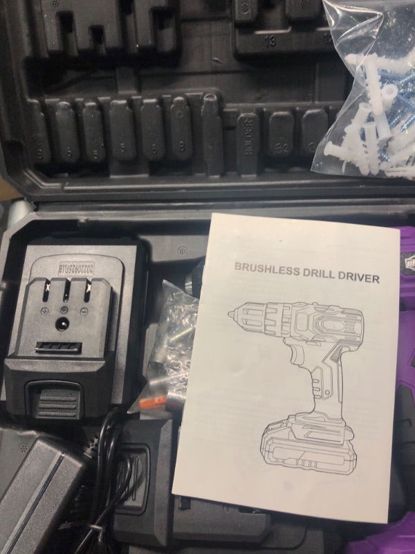 Photo 6 of Brushless Cordless Drill Set, 20V Compact Power Drill Driver, Purple Brushless Electric Drill Motor, 20+3 Torque Setting, 48 N.m, 2 Variable Speed, 23pcs Drill/Driver Bits, with Tool Box