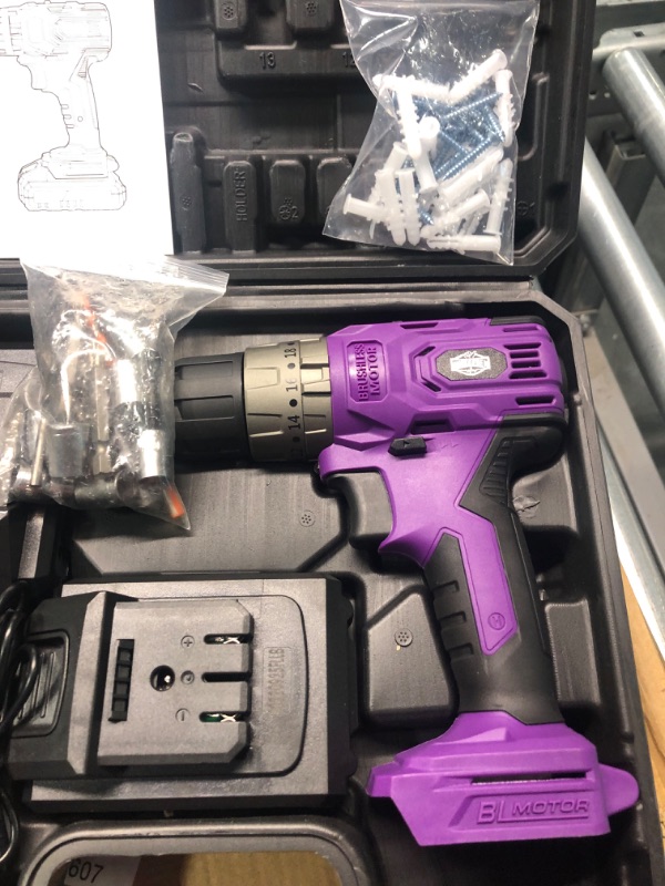 Photo 5 of Brushless Cordless Drill Set, 20V Compact Power Drill Driver, Purple Brushless Electric Drill Motor, 20+3 Torque Setting, 48 N.m, 2 Variable Speed, 23pcs Drill/Driver Bits, with Tool Box