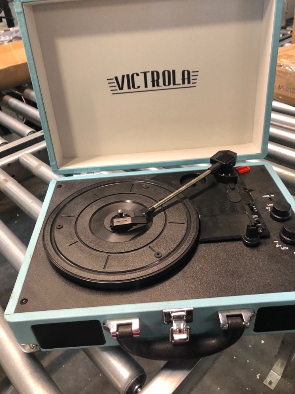 Photo 4 of Victrola Vintage 3-Speed Bluetooth Portable Suitcase Record Player with Built-in Speakers | Upgraded Turntable Audio Sound| Includes Extra Stylus | Turquoise, Model Number: VSC-550BT