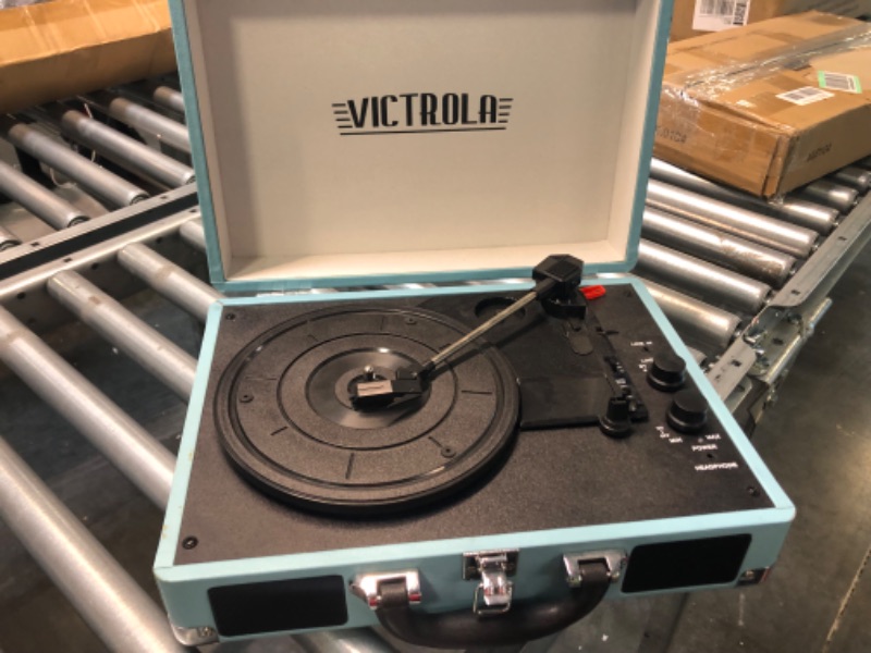 Photo 3 of Victrola Vintage 3-Speed Bluetooth Portable Suitcase Record Player with Built-in Speakers | Upgraded Turntable Audio Sound| Includes Extra Stylus | Turquoise, Model Number: VSC-550BT