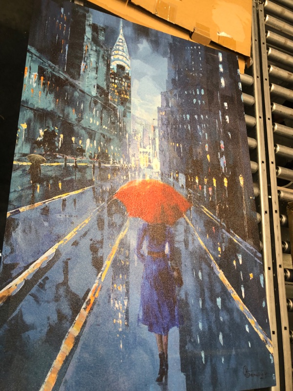 Photo 2 of Ardemy Canvas Wall Art Modern Blue New York Cityscape Painting Picture, Lady with Red Umbrella Street Scenery One Panel Framed 24"x36" for Living Room Bedroom Home Office Decoration