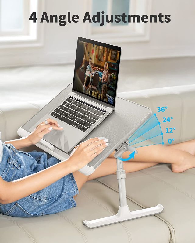 Photo 1 of SAIJI Laptop Bed Tray Table, Laptop Computer Lap Desk for Bed, Laptop Bed Desk with Anti-Slip PVC Leather,Adjustable Laptop Stand for Bed Sofa Couch, Bed Trays for Eating Breakfast(Large,Gray)