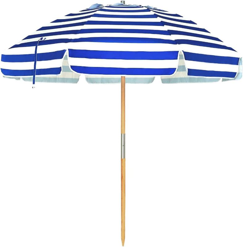 Photo 1 of AMMSUN 7.5ft Heavy Duty HIGH Wind Beach Umbrella Commercial Grade Patio Beach Umbrella with Air Vent Ash Wood Pole & Carry Bag UV 50+ Protection Stripe Blue white
