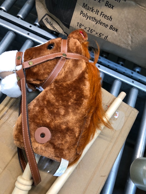 Photo 1 of HollyHOME Outdoor Stick Horse with Wood Wheels Real Pony Neighing and Galloping Sounds Plush Toy Dark Brown 36 Inches(AA Batteries Required)
