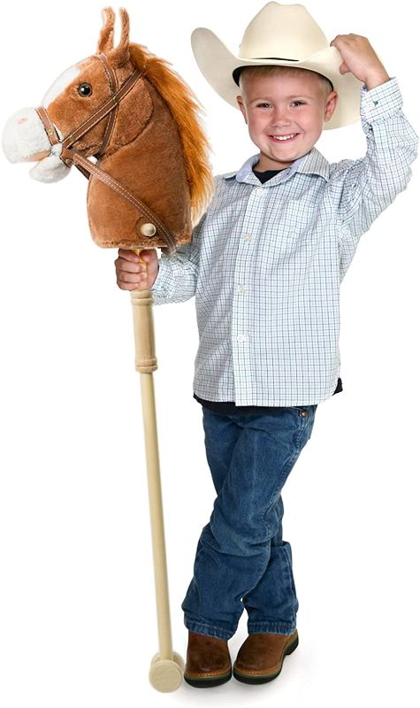 Photo 2 of HollyHOME Outdoor Stick Horse with Wood Wheels Real Pony Neighing and Galloping Sounds Plush Toy Dark Brown 36 Inches(AA Batteries Required)
