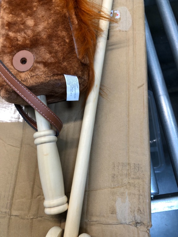 Photo 1 of HollyHOME Outdoor Stick Horse with Wood Wheels Real Pony Neighing and Galloping Sounds Plush Toy Dark Brown 36 Inches(AA Batteries Required)
