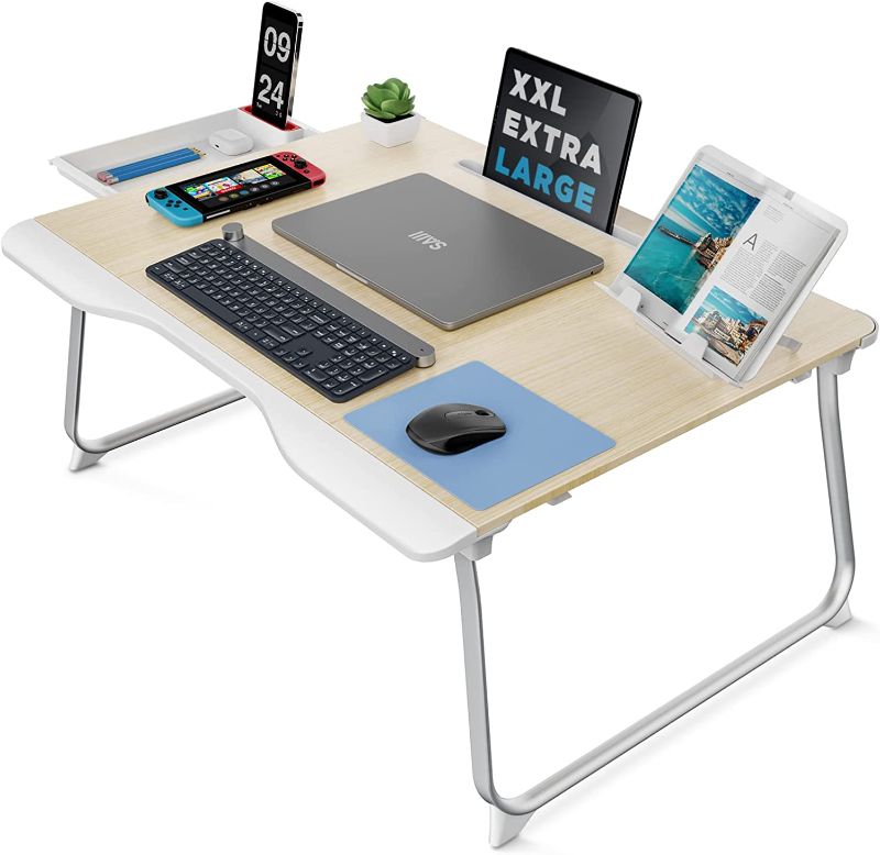 Photo 1 of \Folding Bed Desk for Laptop, Eating Breakfast, Writing, Gaming, Extra Large 25.6" x 19.3" Portable Floor Stand Laptop Desk Table for Adult,Kids, Wood Bed Tray Table Lap Desk
