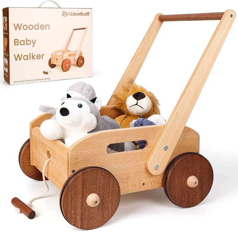 Photo 2 of Woodtoe Wooden Baby Walker, Adjustable Speed Push Toys for Babies Learning to Walk, Natural Wood Push and Pull Learning Walking Educational Toys Gift for Toddler Boy Girl 1 2 3(Patent Protection)
