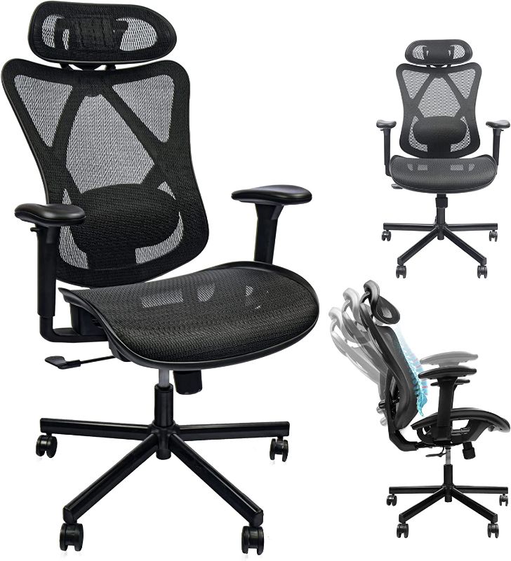 Photo 1 of Mesh Office Chair, Ergonomic Office Chair with Adjustable Lumbar Support, Armrest, Headrest - Tilt High Back Desk Chair with Mute Wheel for Office, Home, Gaming