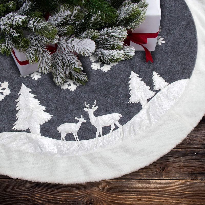 Photo 1 of 7Felicity Christmas Tree Skirt, Fur Rustic White Xmas Tree Skirt,Snowy Christmas Trees Mat Decorations Indoors,Deer and Snowflake Pattern (36 inches, Two Deers)
