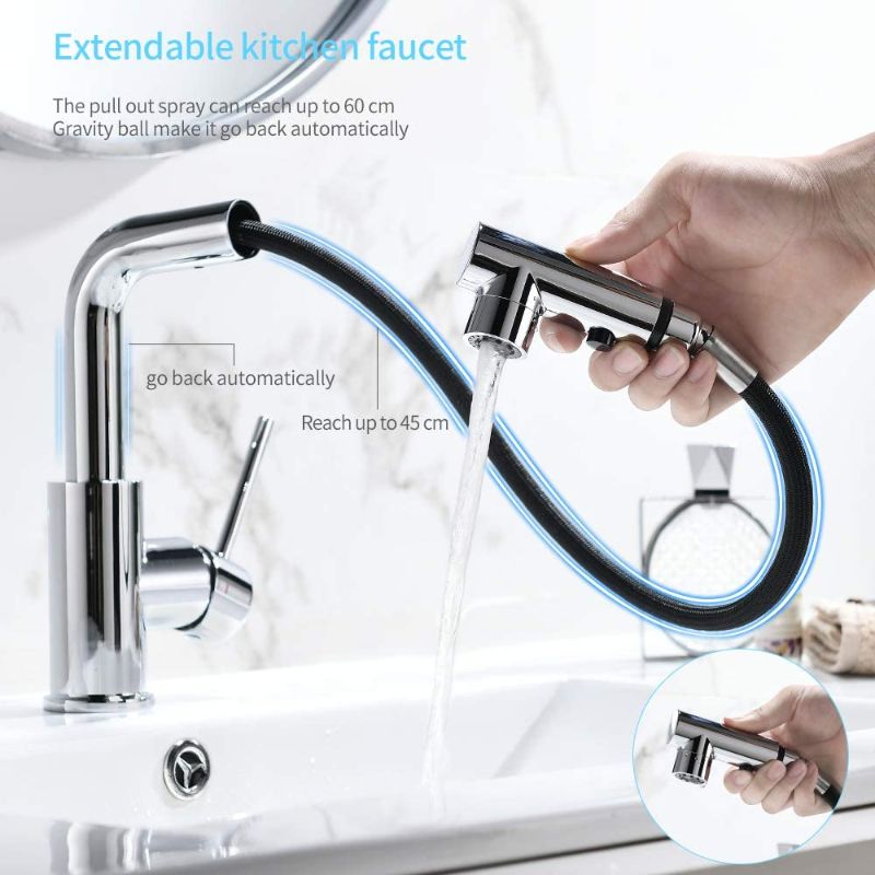 Photo 2 of CREA Sink Faucet, Bar Faucet Kitchen Faucets with Pull Out Sprayer, Single Handle Bathroom Faucets Chrome Mini Prep Faucet 3 Hole Farmhouse Utility Outdoor Laundry Faucet
