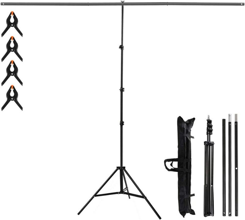 Photo 1 of T-Shape Portable Background Backdrop Support Stand Kit 6.5ft Wide 8.5ft Tall for Video Studio Photography with 4 Spring Clamps and Carrying Bag