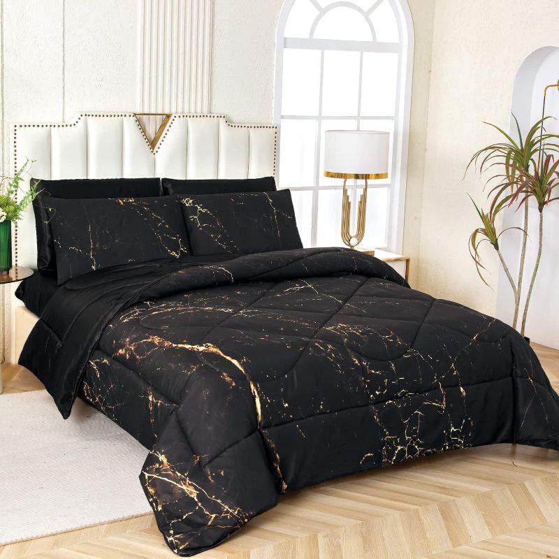 Photo 1 of aoaoaoway Black QMarble Comforter Sets , 5Pieces (1 Quilt + 2 Pillowcases + 2 Silk Pillowcases) Stylish Bedroom Design, Super Soft Silk Microfiber Quilt, All Seasons(Black4,Q)