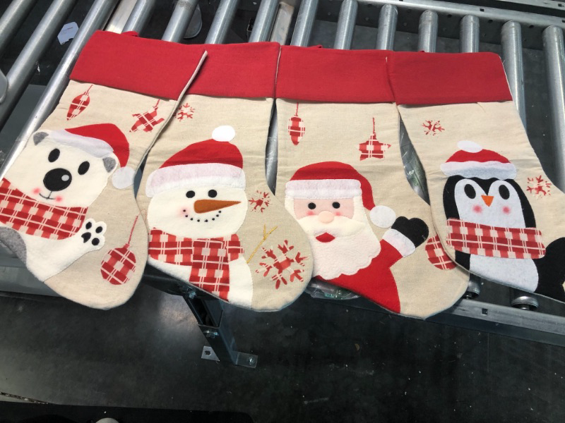 Photo 3 of Angelhood Christmas Stockings, 4pcs 18.5" Large Christmas Stockings Decorations, Santa Claus Snowman Penguin Bear Character with Hanging Loop for Family Christmas Decoratio

