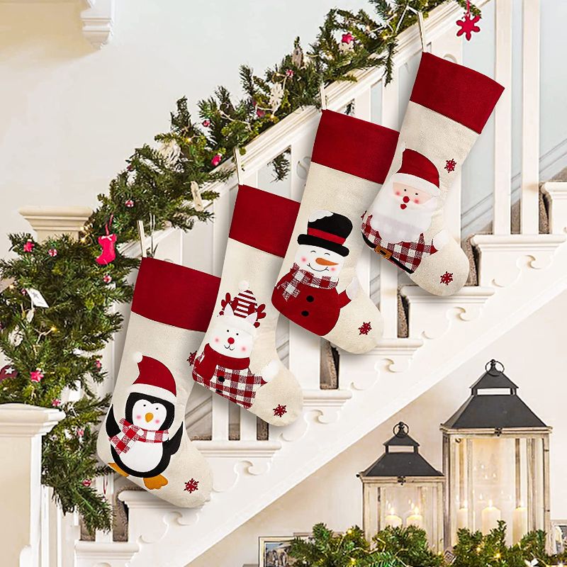 Photo 1 of Angelhood Christmas Stockings, 4pcs 18.5" Large Christmas Stockings Decorations, Santa Claus Snowman Penguin Bear Character with Hanging Loop for Family Christmas Decoratio
