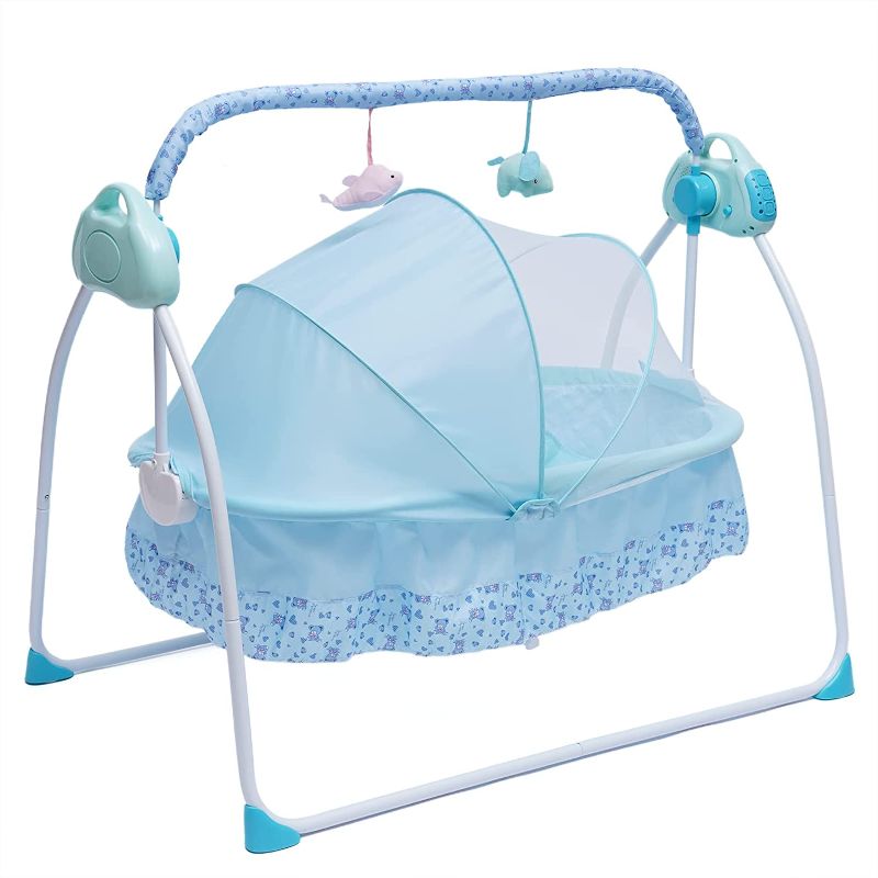 Photo 1 of LOYALHEARTDY Baby Cradle Swing 5 Speed Electric Stand Crib Auto Rocking Chair Bed with Remote Control Infant Musical Sleeping Basket for 0-18 Months Newborn Babies, Mosquito Net+Mat+Pillow (Blue)
