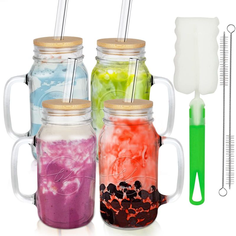 Photo 1 of BESTBEL 24 OZ Regular Mouth Mason Jars with Handle & Glass Straw 4 Pack Glass Cups with Bamboo Lids and Straws Mason Jar Drinking Glasses Mason Jar Mugs with Handle for Coffee Smoothie Boba Tea Juice
