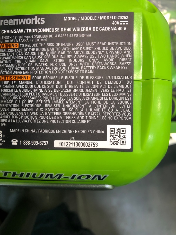 Photo 3 of Greenworks 12-Inch 40V Cordless Chainsaw, 2.0 AH Battery Included 20262