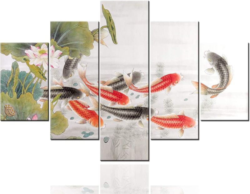 Photo 1 of Koi Fish Pictures for Wall art Koi carp playing in the lotus Ink Paintings 5 Piece Panel Canvas Good luck fish Artwork Home Decor for Living Room Framed Ready to Hang Posters and Prints(60''Wx40''H)