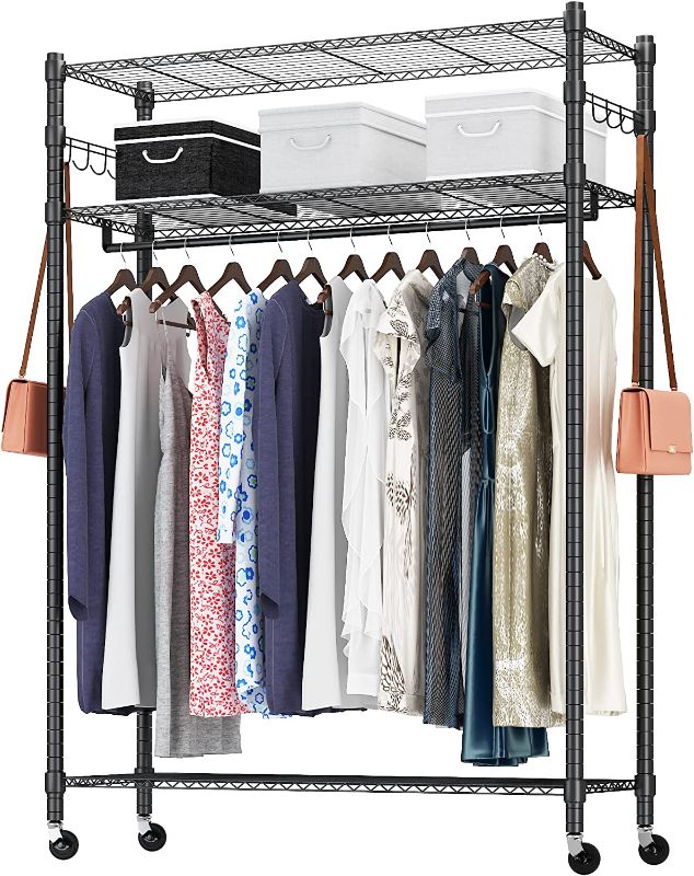 Photo 1 of Rolling Garment Rack with Adjustable Wire Shelf, 3 Tired Clothes Rack including 1 Clothes Hanging Bar, 1 Roating Hanger Hooks - Hold Up to 400Lbs (Black, 1Rod 1Hook)

