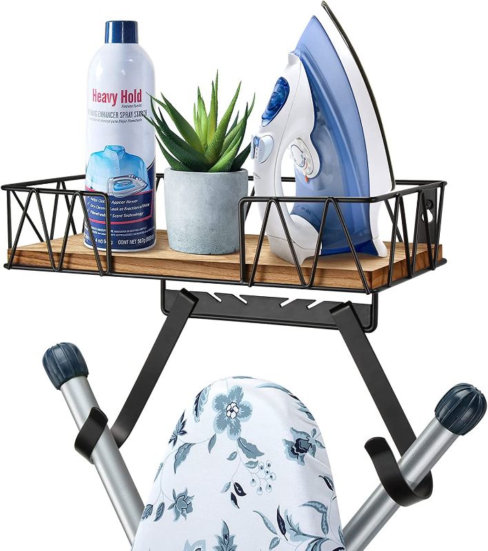 Photo 1 of TJ.MOREE Ironing Board Hanger Wall Mount - Laundry Room Iron and Ironing Board Holder with Large Storage Wooden Base Basket and Removable Hooks(T&V Shaped)
