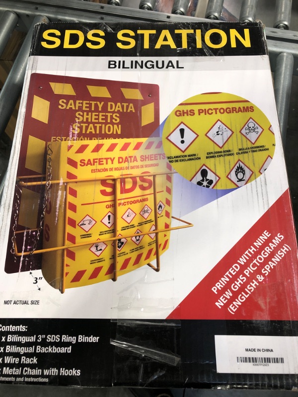 Photo 1 of SDS Display Rack and Binder Set -Includes Bilingual Heavy Duty 3-Ring Binder with 3 Inch Capacity Holds Over 700 Sheets, Metal Wire Rack, Highly Visible Wall Mount Station, Detachable Chain and Hook, Mounting Hardware with Instructions