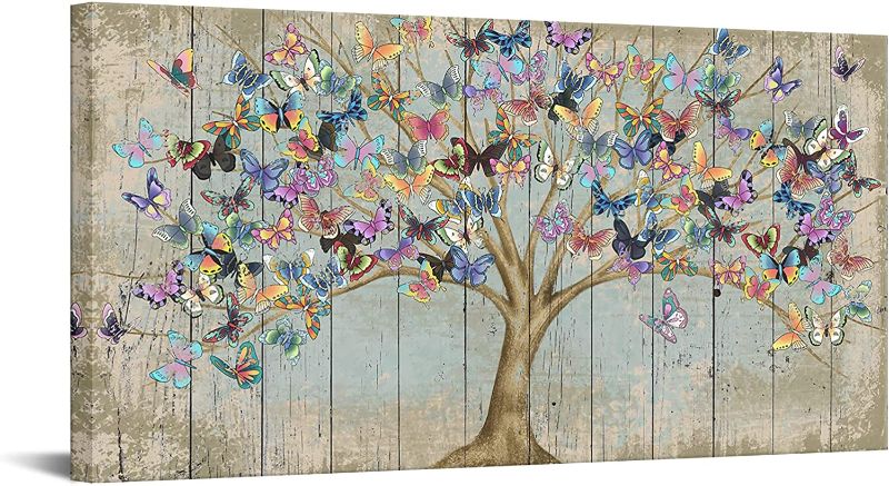 Photo 1 of RnnJoile Butterfly Canvas Art Framed Rustic Tree of Life Wall Print Wood Background Painting Picture for Farmhouse Cabin Decorations Ready to Hang 24 x 48 Inch
